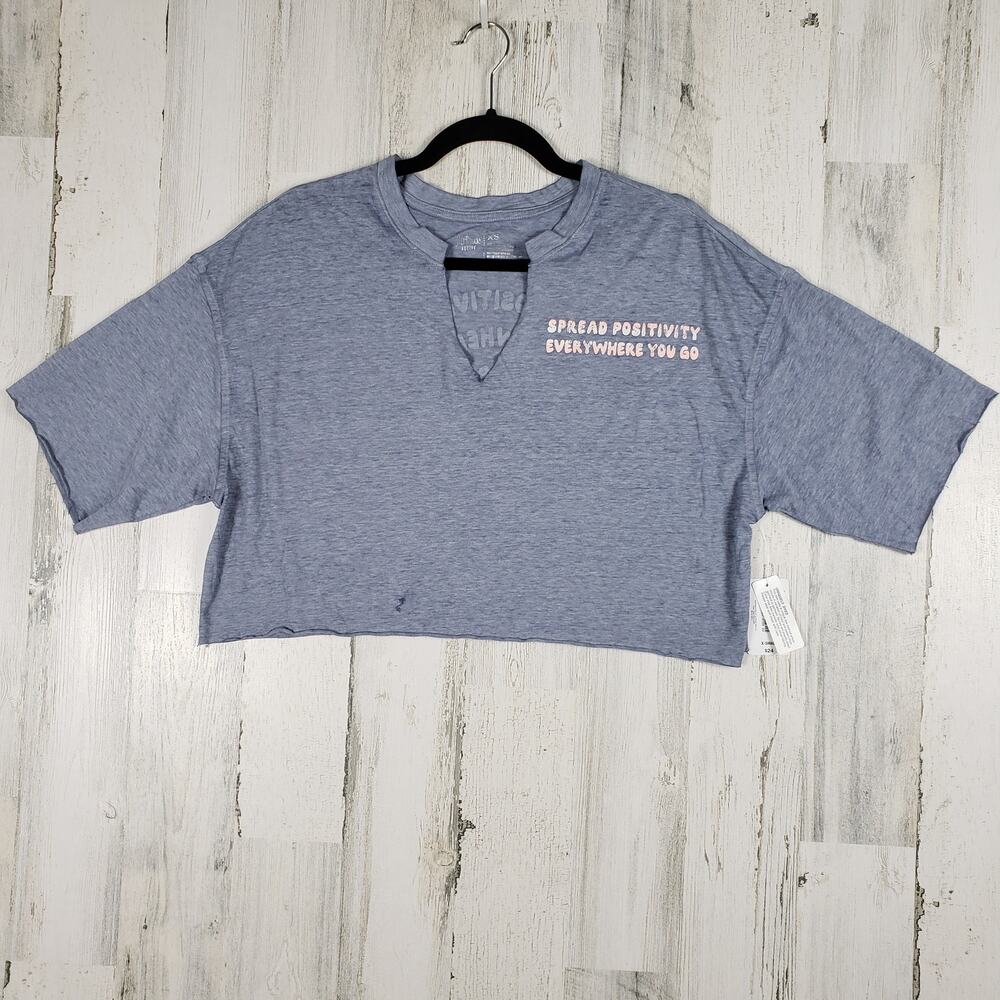 NWT Flirtitude Perfect Dusty Blue Positivity Graphic Crop Tee Women's Size XS